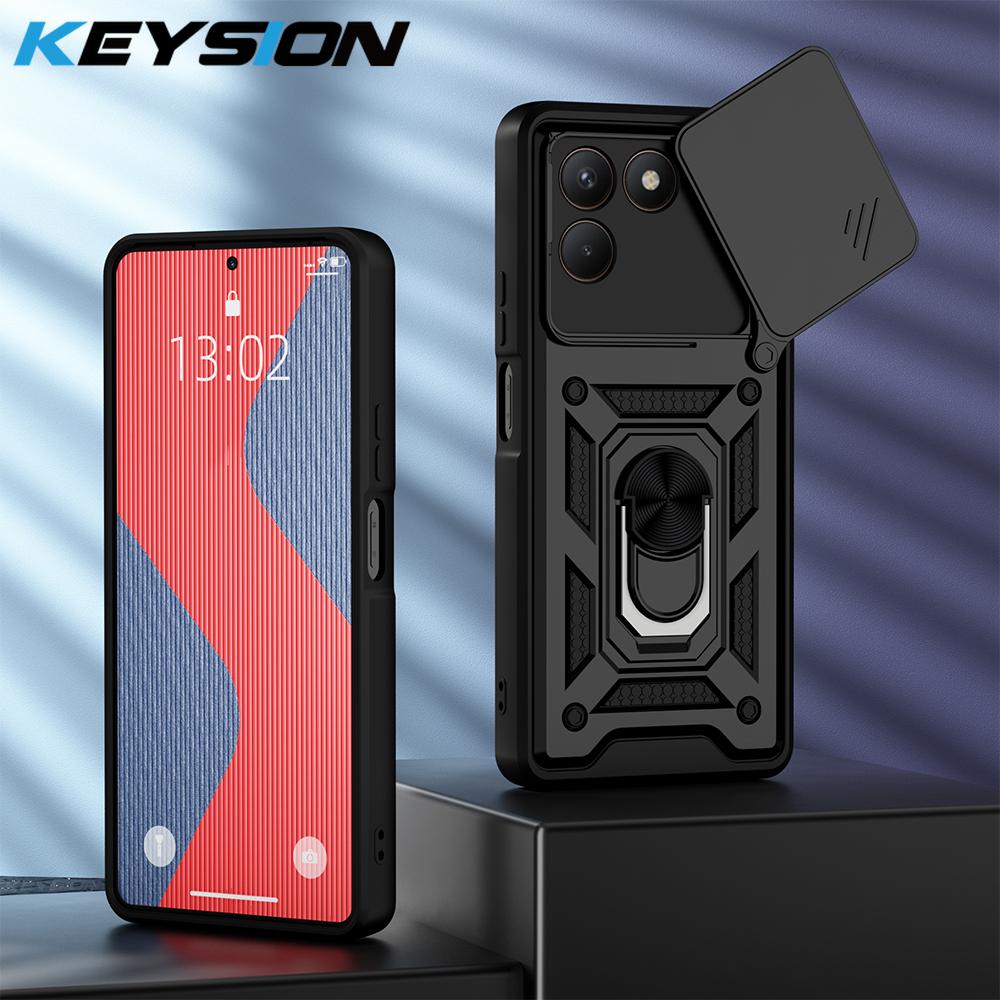 KEYSION Shockproof Armor Case for TECNO POVA 7 4G Slide Camera Lens Protection Metal Ring Stand Phone Back Cover for TECNO Pova7