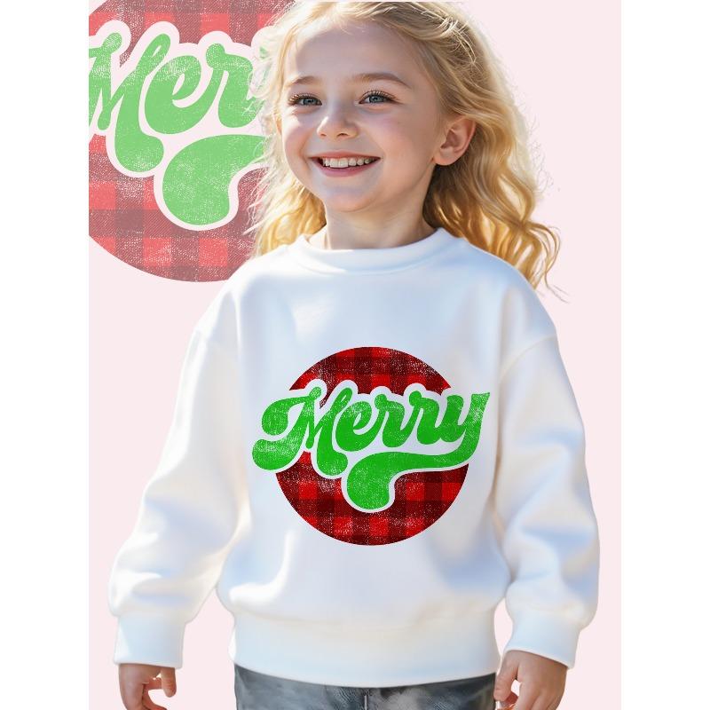 Kids Sweatshirt Soft Red & Green Plaid Christmas Sweater-Style Pullover - Cozy Loose-Fit Long Sleeve Crewneck Sweatshirt with Merry Lettering 110 белый