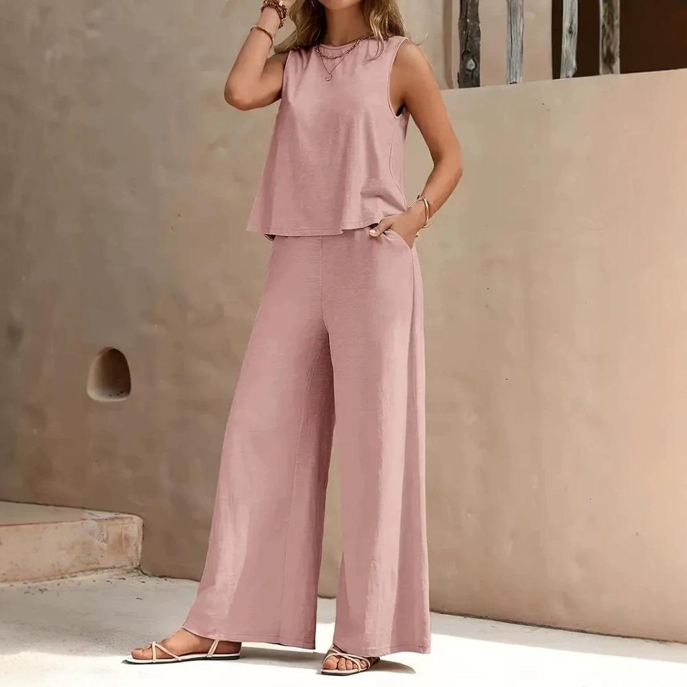 2026 Women's Solid Color Two-Piece Round-neck Blouse and Wide-leg Pants Set