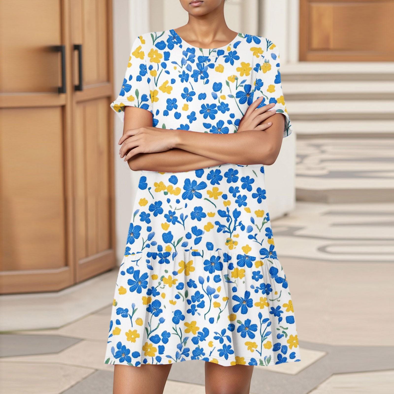 

Женское модное повседневное платье с круглым вырезом и коротким рукавом с цветочным принтом XL небесно-голубой