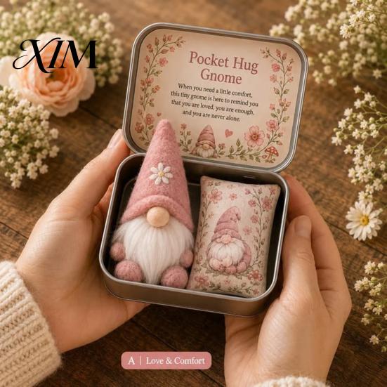 Cute Dwarf Ornament 2 Pcs Pocket Hug Gnome Comfort Gift Tin Box, Mini Plush Doll Emotional Support Birthday Presents for Her Keepsake, Handmade