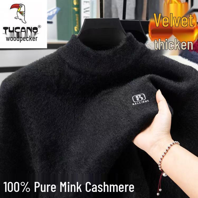 Woodpecker Men s High-End Plus Velvet Mink Winter Sweater with High Collar and Printed Knit Design 4XL (Approx. 175-190 lbs)