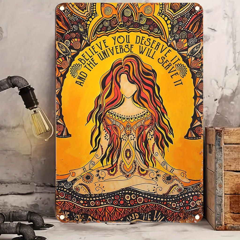 Retro Yoga Girl Metal Iron Sheet SignInspired Law of Attraction Wall Art with Mandala Pattern Suitable for Home Bar and Off