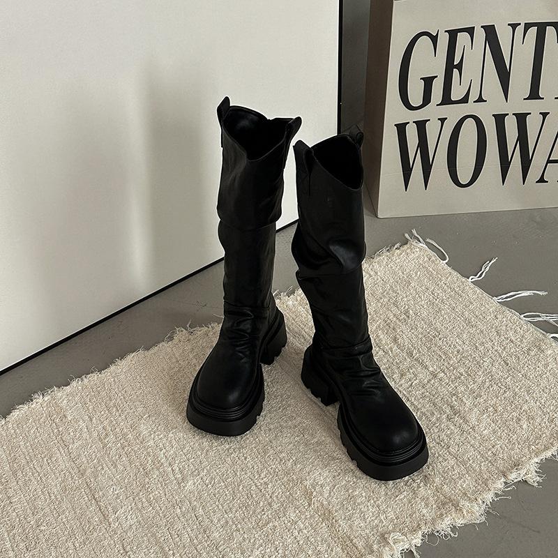 Fashion retro British style thick heel platform boots women's 2025 autumn and winter new Maillard skirt knight boots