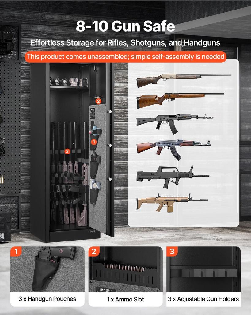 8-10 Gun Safe, Long Gun Cabinet for Rifles and Pistols, Quick Access Rifle Safe with 3 Pistol Pockets and Adjustable Racks, Large Digital Cabinet with