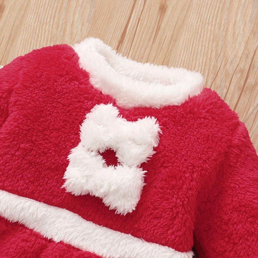 Solid Color Fleece Christmas Kids Dress With Hat & Puff Sleeves