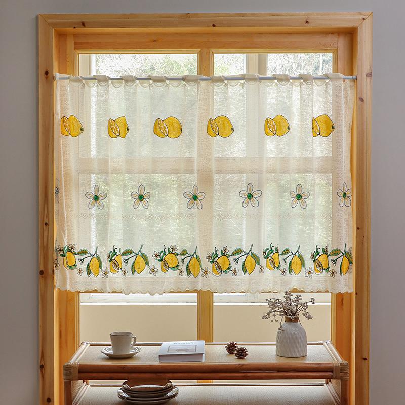 

American Lemon Embroidery Short Curtain Kitchen Living Room Cabinet Partition Bedroom Window Small Curtains Cafe Half Curtain 150x55cm