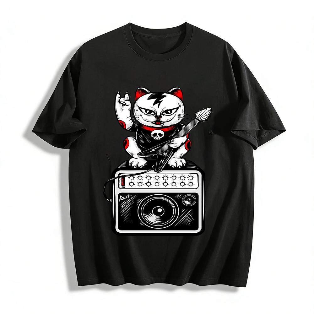 

Rock Lucky Cat Guitar Print T-Shirt Cool Punk Style Unisex Top Pure cotton T-shirt XXS