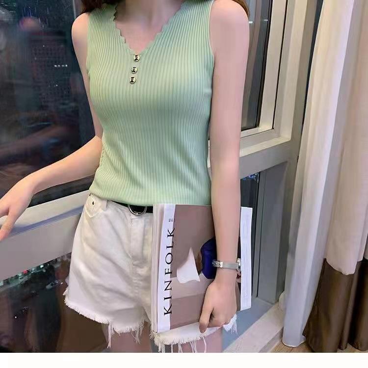 Summer Women's Bottoming Shirt V-neck Sleeveless Ice Silk Camisole Undershirt Sleeveless Knit Tops Vest Loose Elastic