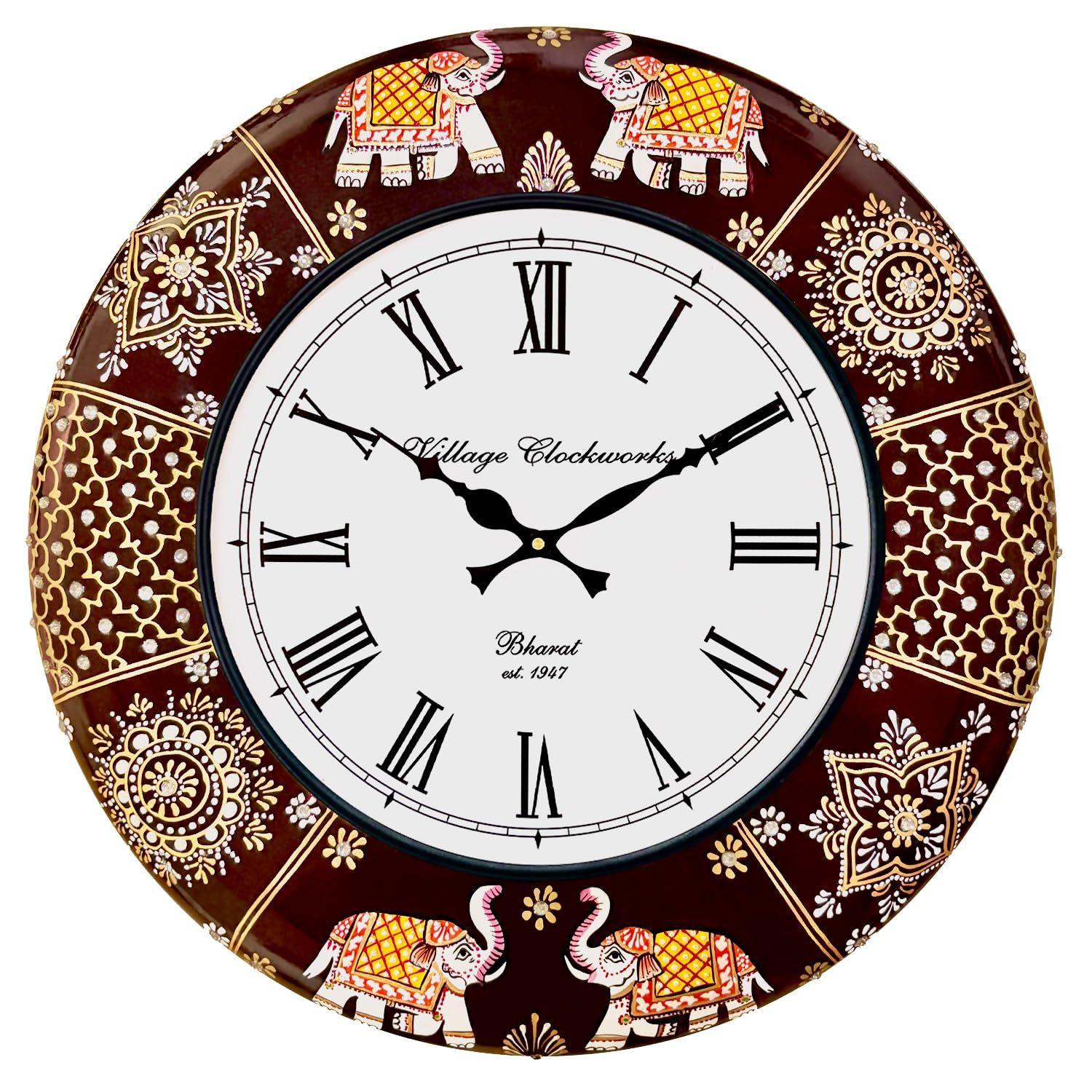 

Ethnic Handcrafted Decorative Analog Wall Clock with Rajasthani Elephant Painting|Wooden Clock for Living Room, Bedroom & Office | 16 Inch 16 INCH