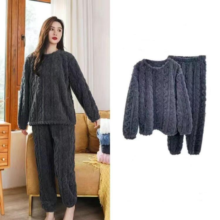 Pajama Set Pullover And Pants 2 Piece Women Velvet Ribbed Fleece Warm Casual Thicken Lounge Wear Autumn