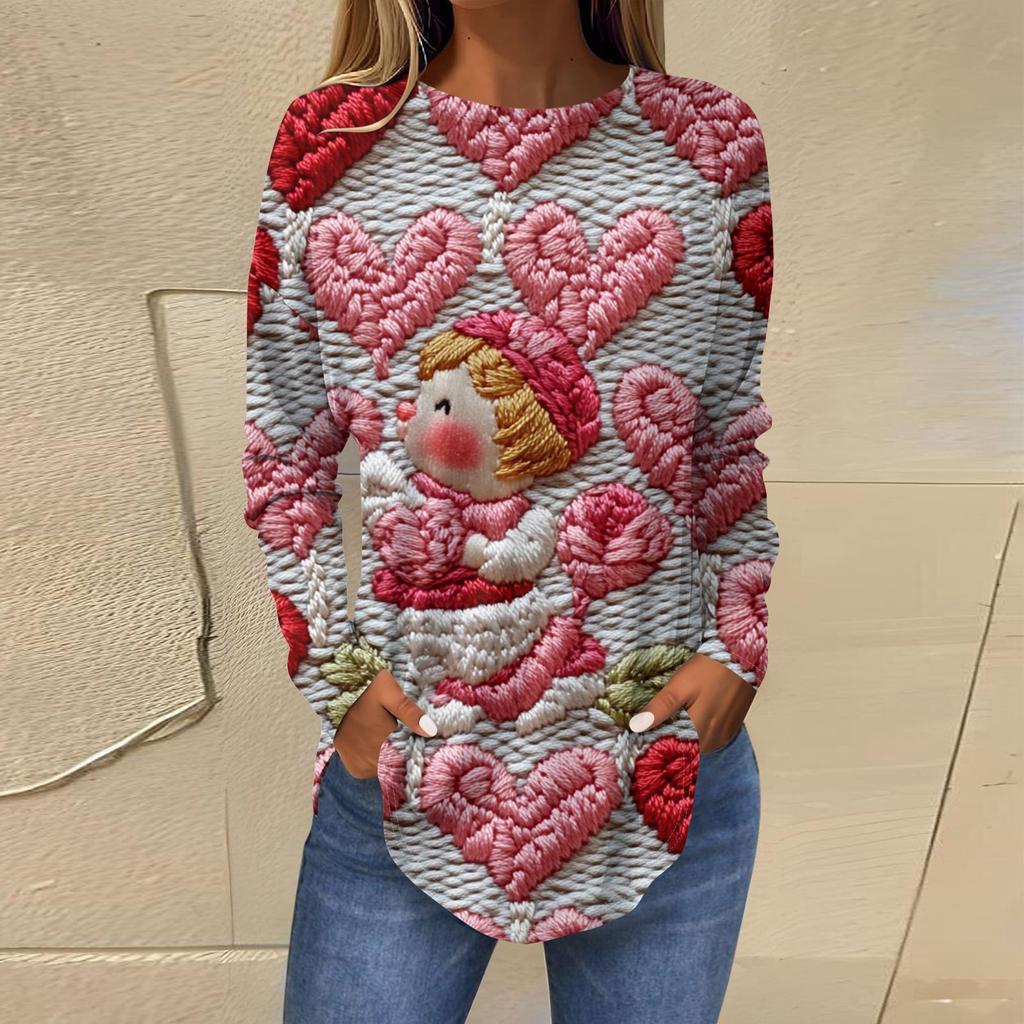 Damenmode Lockerer Rundhals Bedrucktes Langarm T-Shirt Top