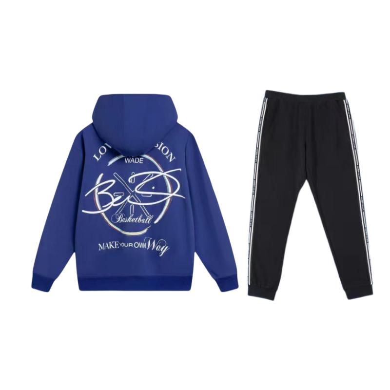 Li Ning Printed Letter Hoodie Pullover Loose Sweatshirt Knit Long Pants Casual Sports Set Unisex sets AWDU013-4+YKLU333-1