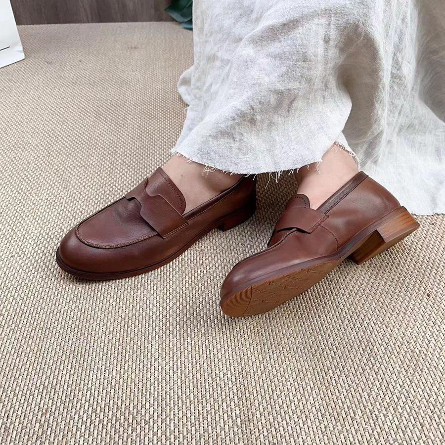 Johnature Retro Echtes Leder Niedrigen Absatz Pumps Frauen Schuhe Runde Zehe Flache Volltonfarbe Bequeme Halbschuhe