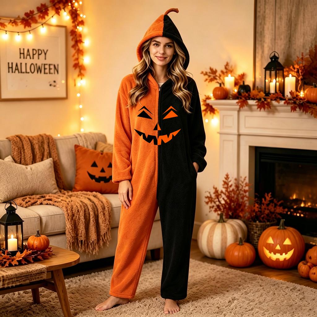 Damen Halloween-Print Flanell-Overall für Loungewear und Nachtwäsche