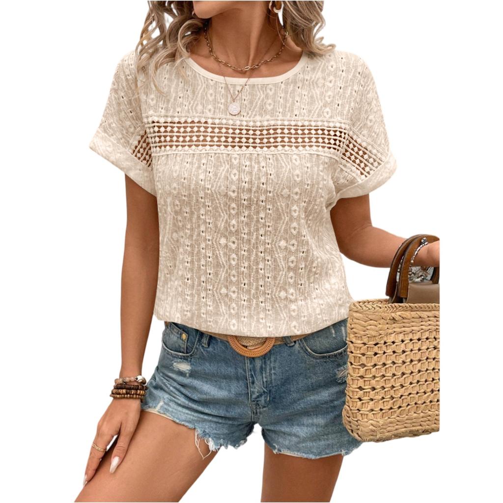 Women's Fashionable Casual Lace Hollow-out Round Neck Short-sleeved Top