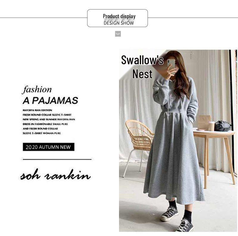 Autumn & Winter Plus Velvet Hoodie Dress: Ankle-Length, Waist-Cinched, Plus Size, Slimming Fit for Super Fairy Students