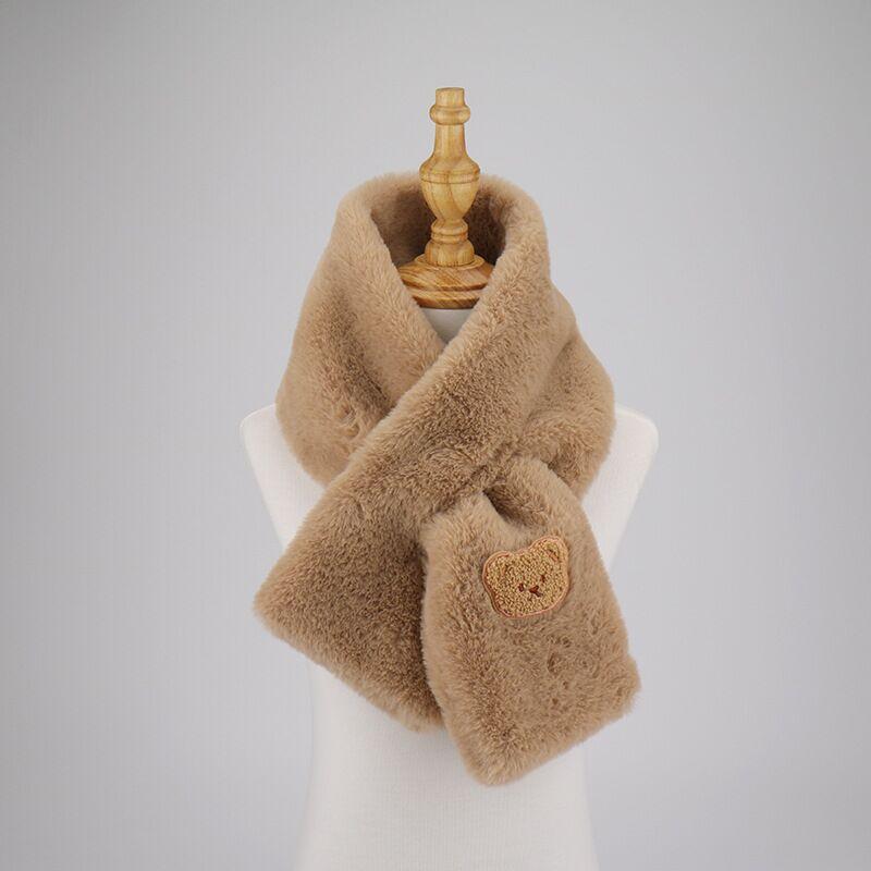 Elegant Faux Rabbit Fur Winter Warm Neck Warmer Cross Scarf Solid Color Neckerchief For Women Cute Little Bear Plush Scarf