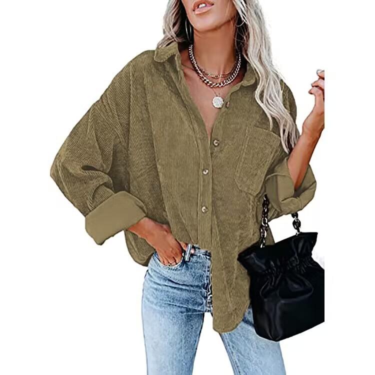 Damen Freizeit Cordbluse Streifen Damen Hemd Jacke Vintage Knopf Tasche Locker Mode Blusen Tops Übergröße
