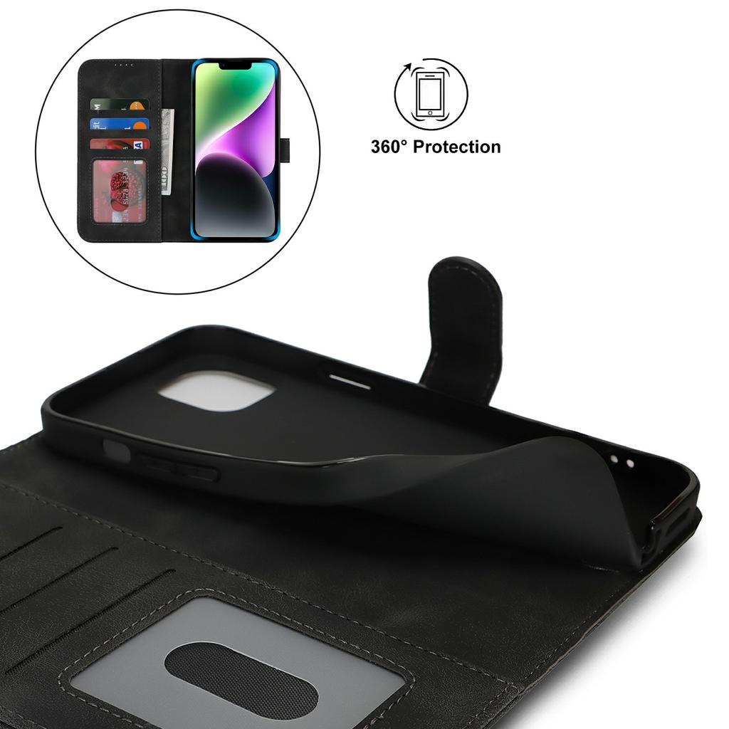 For iPhone 14/13 Wallet Case Double Folded Edge Skin Touch PU Leather Flip Phone Cover