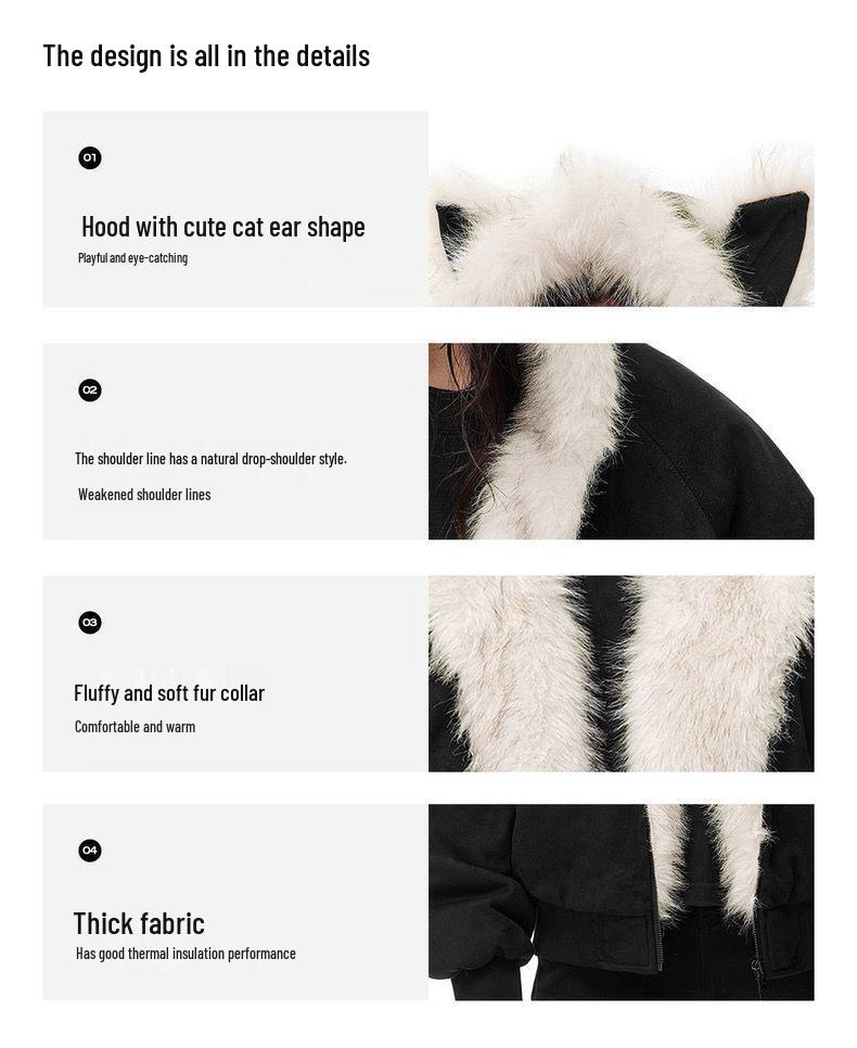 Korean Style Quilted Fur Coat with Ears - Trendy Loose Winter Jacket
