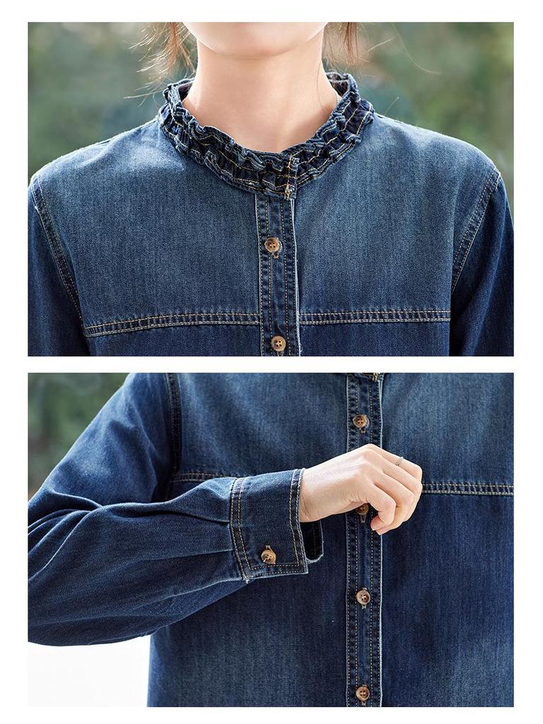 Women's Long Sleeve Retro Blue Denim Shirt Jacket with Ruffled Collar - 2026 Spring Arrival