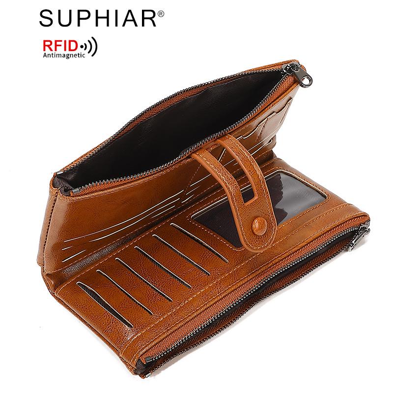 2025 RFID-Blocking Anti-Magnetic Women's Retro Oil Wax Leather Clutch/Long Wallet.