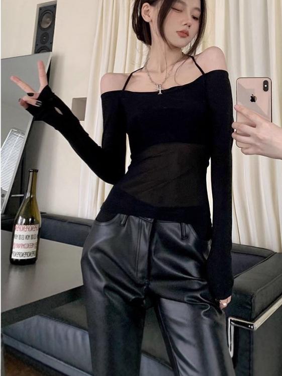 Women's Spicy Girl Mesh One-Shoulder Ice Silk Sun Protection Long Sleeve Halter Top