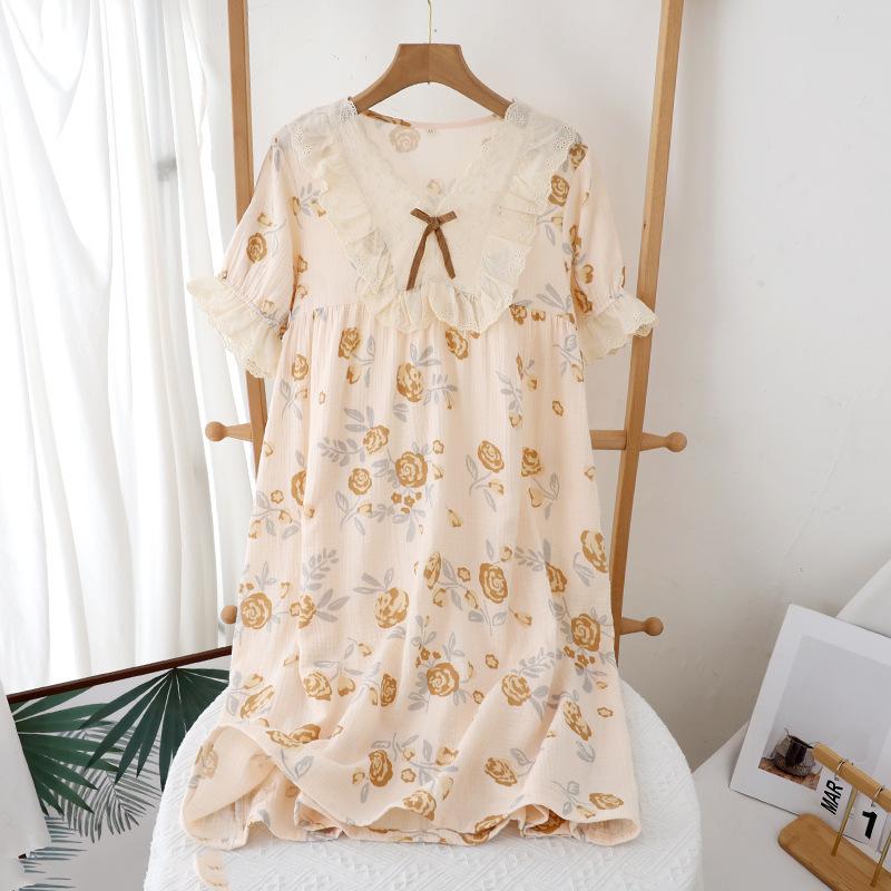 French Romantic Short-sleeved Nightdress Women's Thin Round Neck Home Skirt Can Be Worn Outside Women's Pajamas Summer Loose Cotton Cotton Yarn