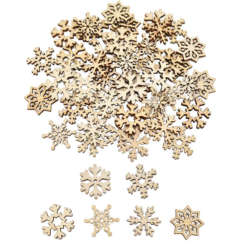 50Pcs Christmas Natural Wooden Chip Santa Claus Snowflake Christmas Tree Hanging Ornaments Pendant Navidad Decoration DIY Craft