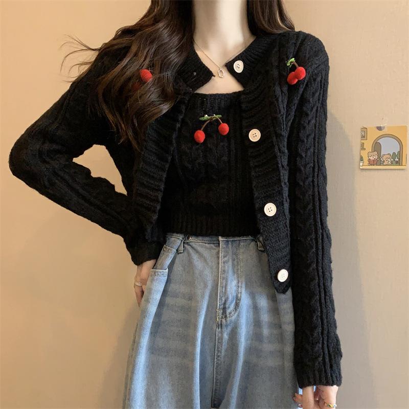 Three-dimensional cherry twist knitted cardigan women's spring and autumn new sweet wind versatile long-sleeved top two-piece sweater tide