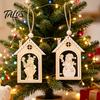 Rustic Christmas Garland Decor Wooden House Snowman/Reindeer Hanging Ornament, DIY Xmas Pendant with Farmhouse Hemp Rope for Home Window & Holiday