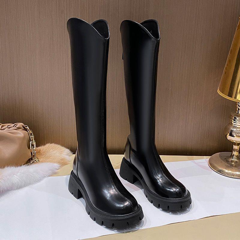 Height-increasing Boots Thick Heel 2025 Autumn and Winter New Trend Versatile Zipper Knight Boots Thick-soled High Boots