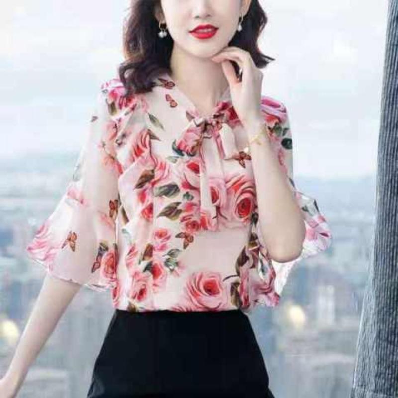 Floral Shirt for Women Summer New Fashion Temperament Trumpet Sleeve Shirt Super Fairy Top for Women with Stylish Bow