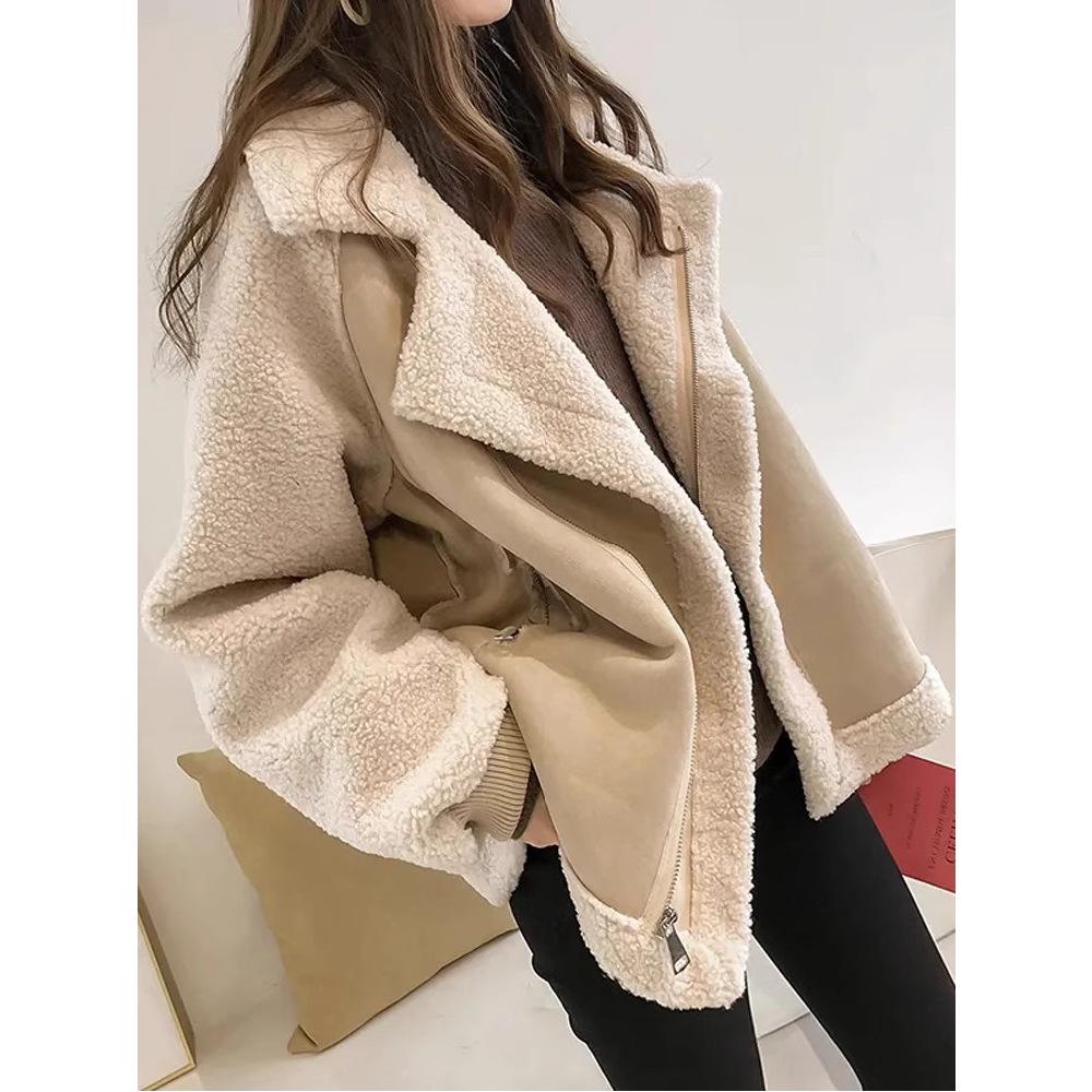 Women's Motorcycle Jacket - Faux Lamb Wool, Autumn/Winter, Particle Velvet, Thickened Leather & Fur Blend, Small Size.
