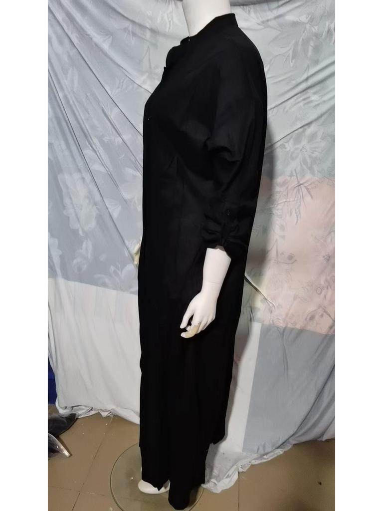 Rochie lungă casual din bumbac și in cu buzunar și guler cămașă, Mărime mare, 2024