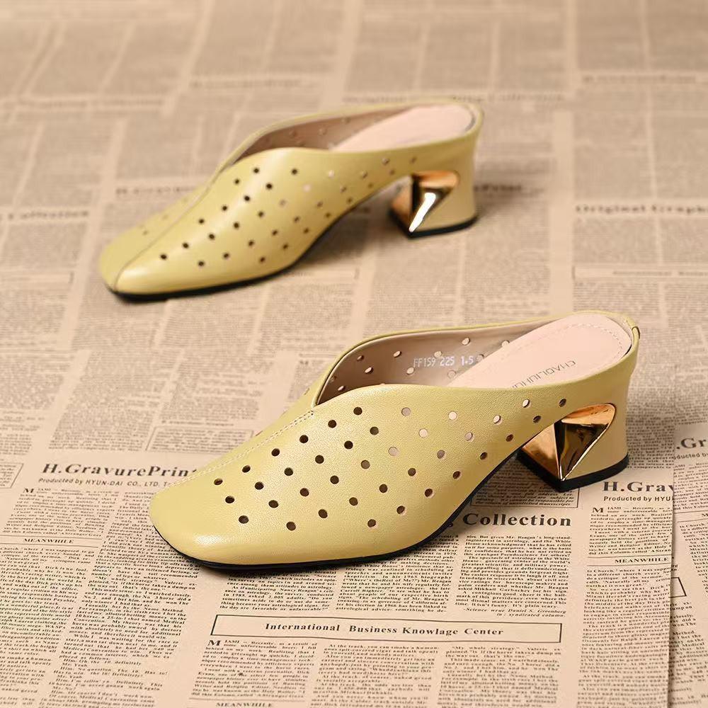 Soft Leather Bag Head Slippers Summer New Hollow Breathable Cool Slippers Versatile Temperament Pointed High Heel Slippers