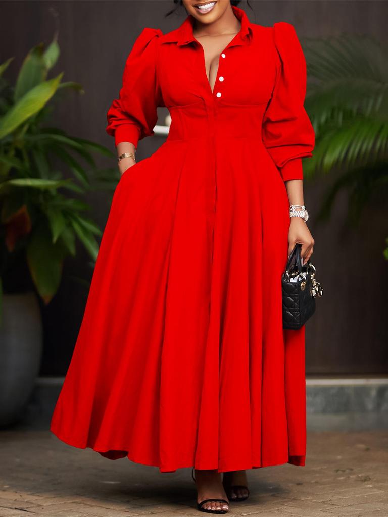 D570 Elegant Women's Long Sleeve Swing Shirt Dress, Solid Color Mid-Length African Style