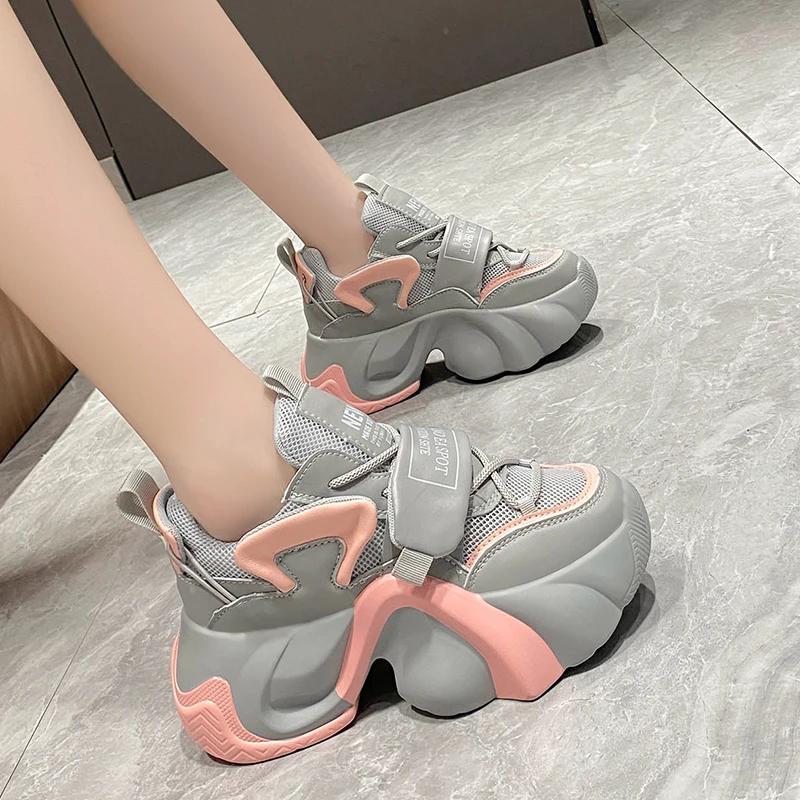 Fashion Women Platform Casual Breathable Mesh Shoes 2024 New Summer Chunky Sneakers 7CM Wedge Hidden Heels Woman Hollow Leisure Shoes