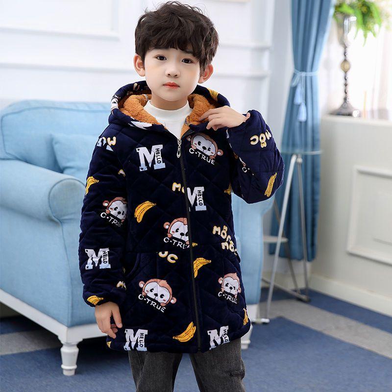 Boys Children's Plus Velvet Thickened Mid-length Hooded Cotton Overalls Fashionable and Warm To Wear Outside
