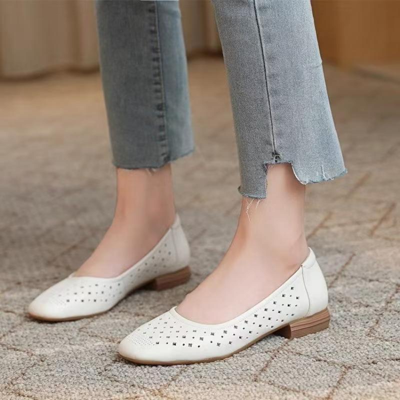 Women's Leather Hollow Out Low Heel Shoes Summer New Square Toe Shallow Slip On Cave Shoes Breathable Lightweight Commuter Shoe