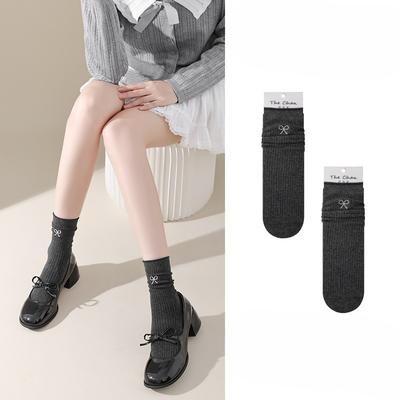 Women's Boneless Cotton Mid-calf Socks for Spring and Autumn, Bow Embroidery Lolita Pile Socks, Winter Long-staple Cotton Socks