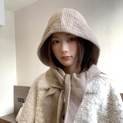 Autumn and Winter Warm Ear Protection Outdoor Scarf Integrated Pullover Knitted Hat Women
