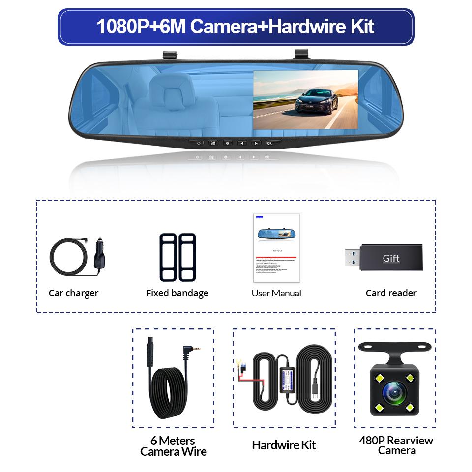 E-ACE Dashcam Car Dvr 4.3 Inch Mirror FHD 1080P Camera Optional Dual Lens DVR  Rearview Mirror Dash Camera Video Recorder Auto