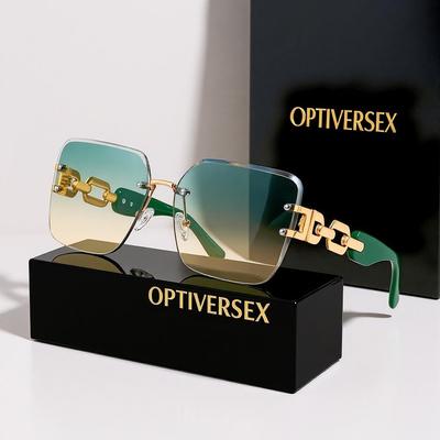 Luxurious Square Fashionable Women'S Glasses - Super Large Gradient Lenses, Golden Metal Chain Ear Frame