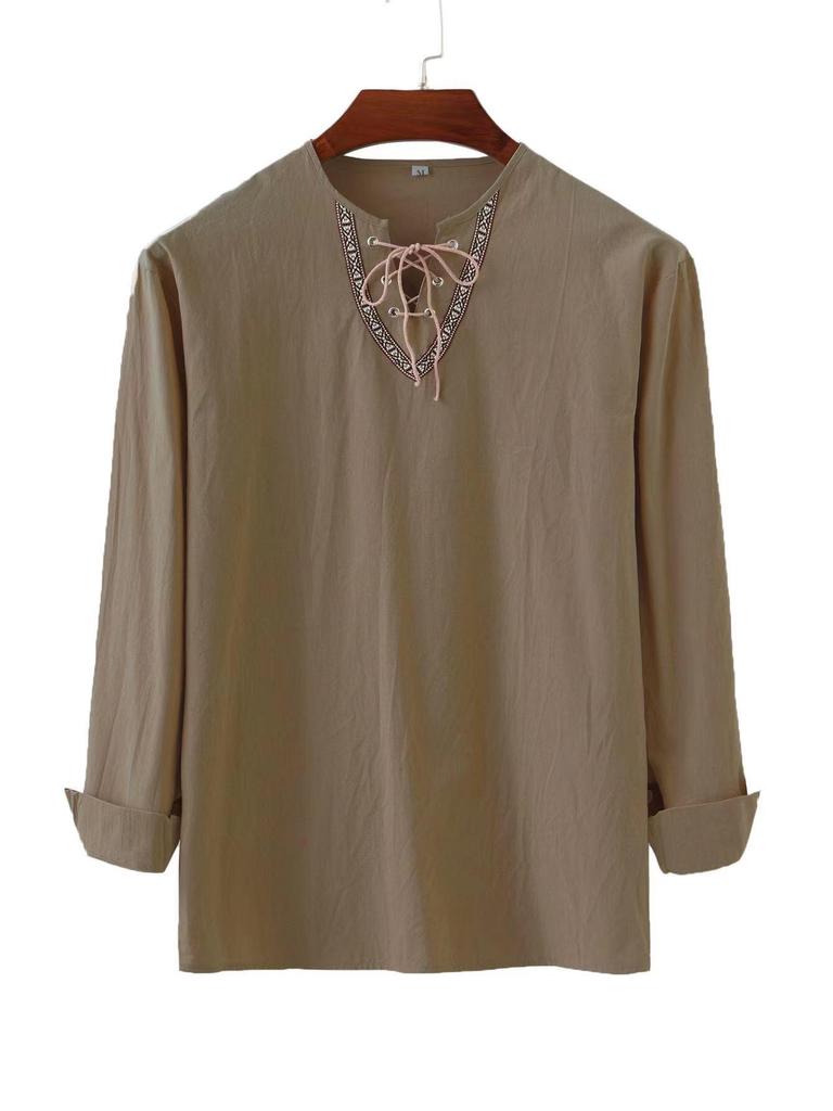 Męska koszula z długim rękawem, luźna, gładka, w stylu europejskim i amerykańskim, ze sznurkiem, bawełna i len, kołnierzyk stojący.