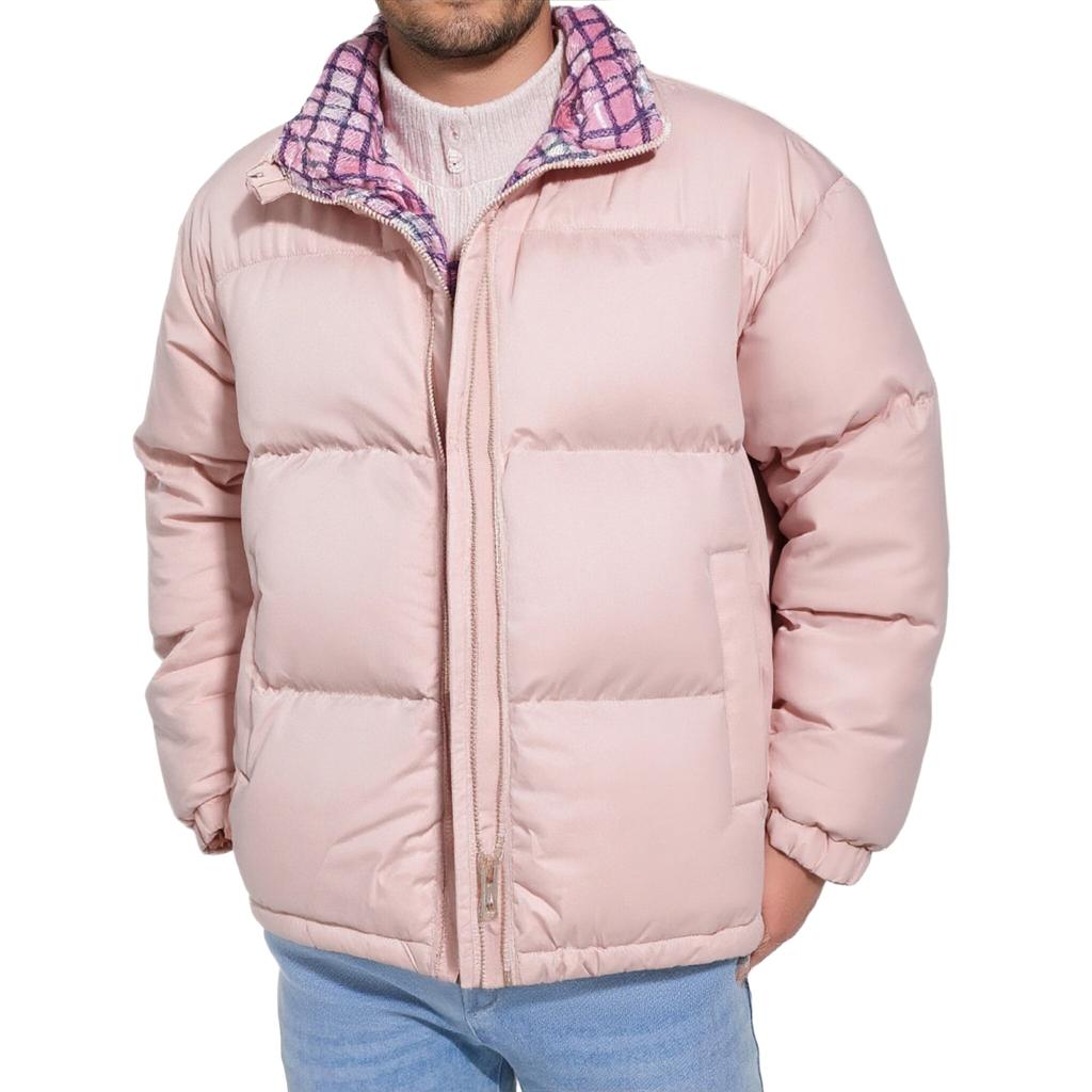 Herr- och damjacka i avslappnad färgmatchad rutig inner- och ytterdesign med ståkrage, herrarnas lösa och tjocka bomullsvadderade jacka