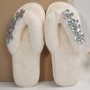 Fashion Rhinestone Floral Fur Flip Flops Women Winter Indoor Open Top Slip On Cotton Slippers Woman Comfort Faux Fur Plush Slippers Lady