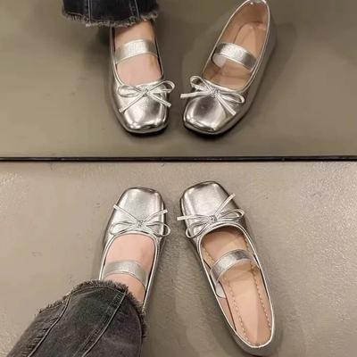 New Low-heeled Light-mouth Silver Single Shoes for Women's Autumn Soft-soled Comfortable Ballet Retro Mary Jane Shoes for Women