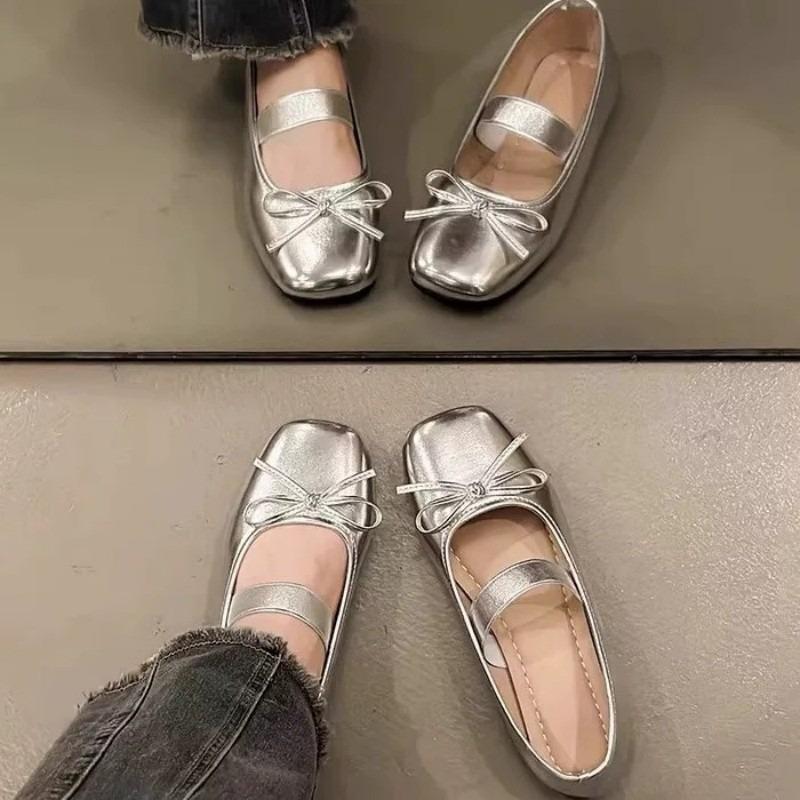 New low-heeled light-mouth silver single shoes for women's autumn soft-soled comfortable ballet retro Mary Jane shoes for women